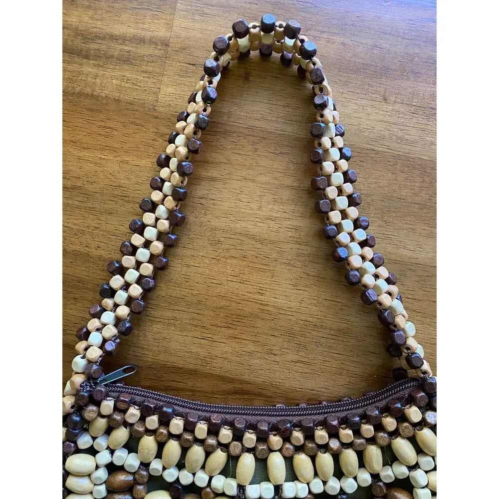 Vintage Wooden Beaded Crescent Shaped Bag Natural 90s Y2K EUC Small Purse Boho